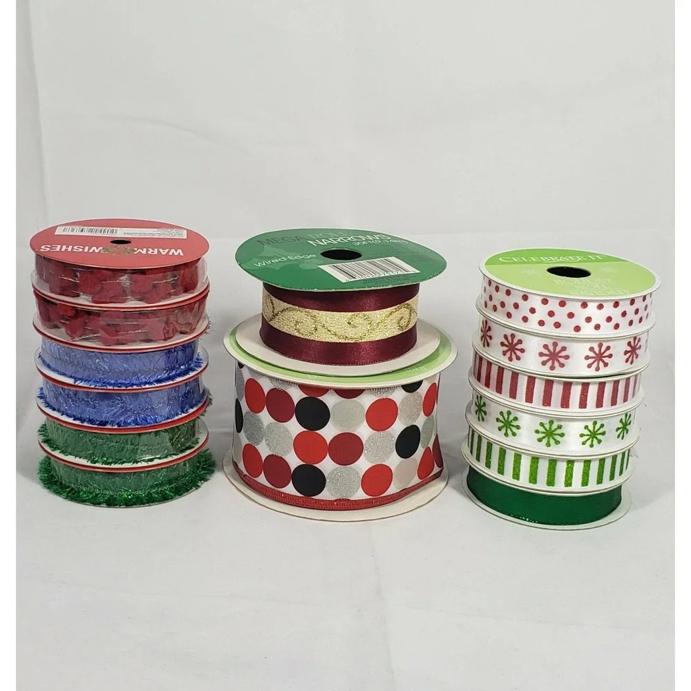 Christmas Ribbon Lot (14 Rolls) Celebrate It Warm Wishes Red Green Blue Shiny